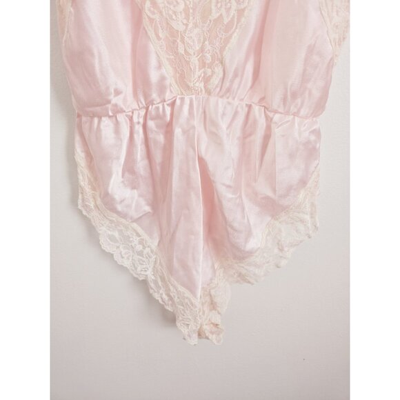 Vintage Teddy Lingerie Silky Satin Lace Pink Ms Leslee V-Neck Bodysuit L Large - Picture 4 of 9